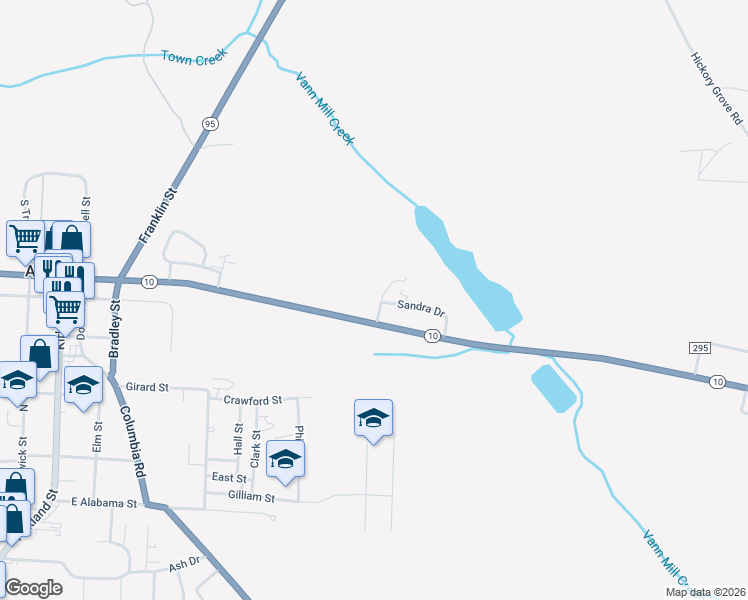 map of restaurants, bars, coffee shops, grocery stores, and more near 303 East Washington Street in Abbeville