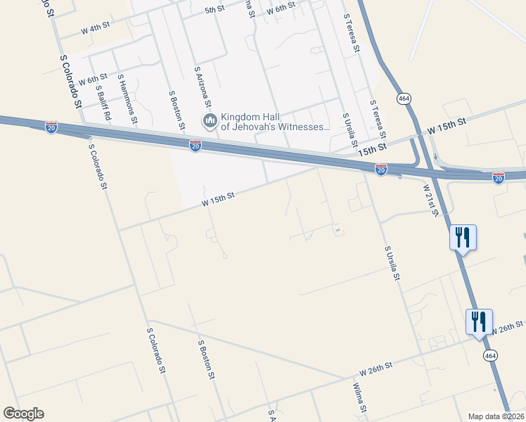 map of restaurants, bars, coffee shops, grocery stores, and more near 1705 Wilma Street in Monahans