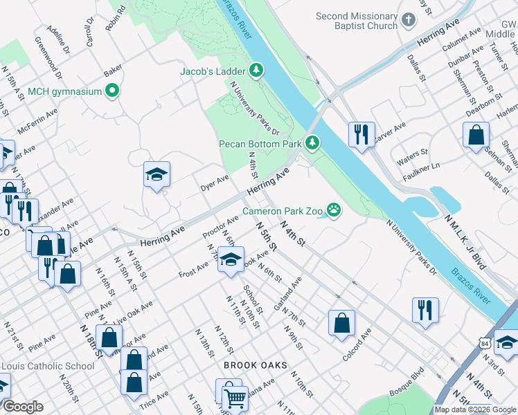 map of restaurants, bars, coffee shops, grocery stores, and more near 2023 North 5th Street in Waco
