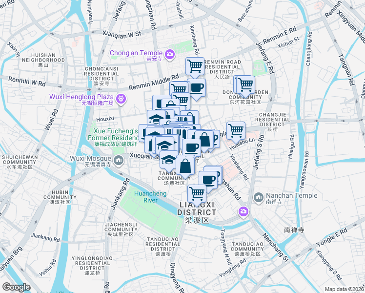 map of restaurants, bars, coffee shops, grocery stores, and more near 2 Xueqian Street in Wu Xi Shi