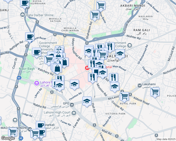 map of restaurants, bars, coffee shops, grocery stores, and more near Mayo Hospital Road in Lahore