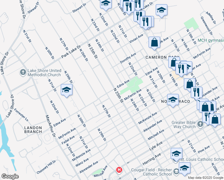 map of restaurants, bars, coffee shops, grocery stores, and more near 3141 North 26th Street in Waco