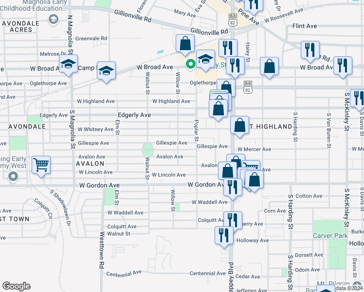 map of restaurants, bars, coffee shops, grocery stores, and more near 1210 Gillespie Avenue in Albany