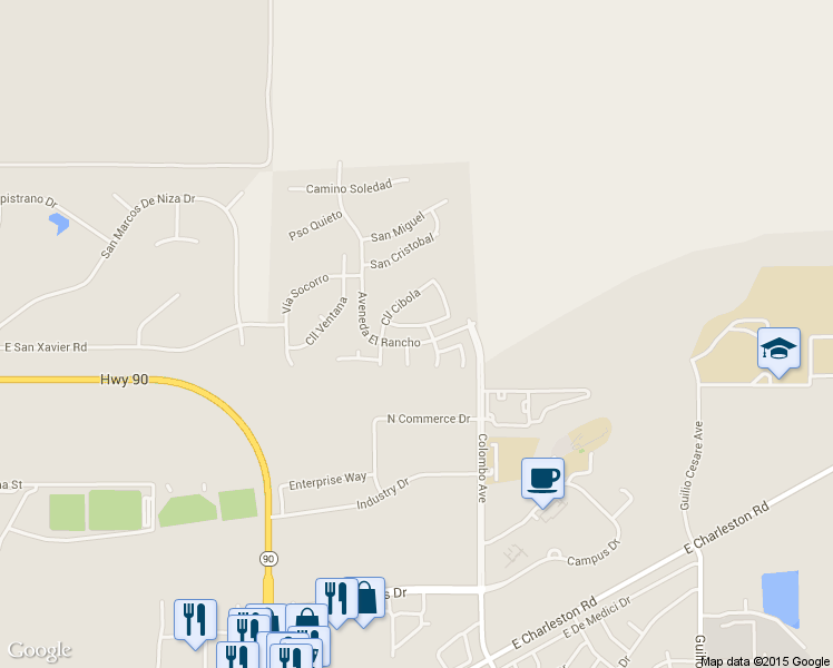 map of restaurants, bars, coffee shops, grocery stores, and more near 1489 Calle Esperanza in Sierra Vista