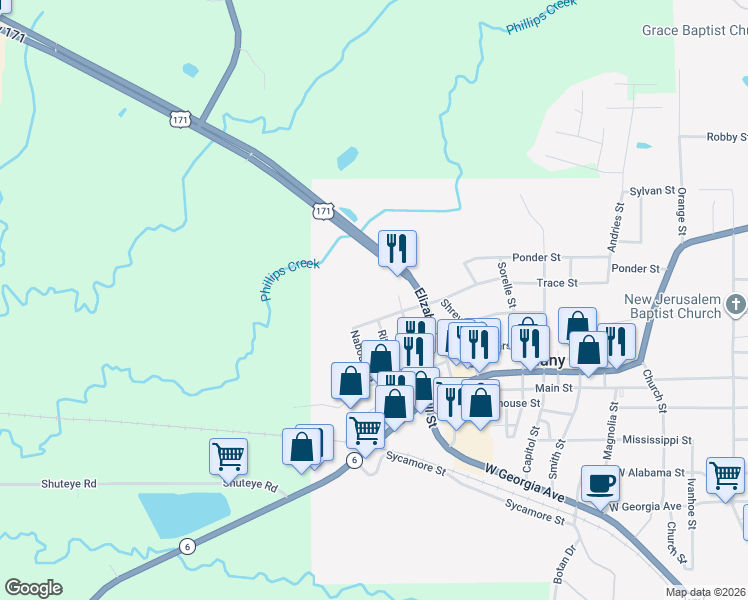 map of restaurants, bars, coffee shops, grocery stores, and more near 201 Trace Street in Many