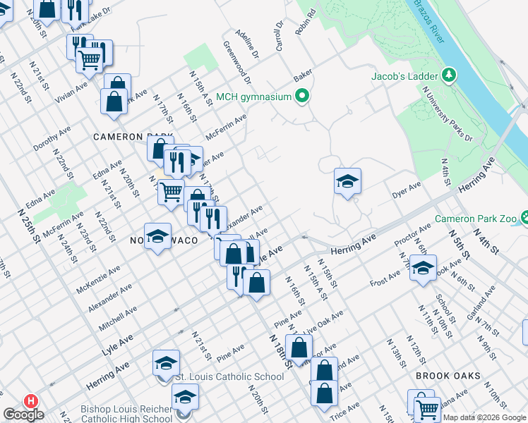 map of restaurants, bars, coffee shops, grocery stores, and more near 2606 North 16th Street in Waco