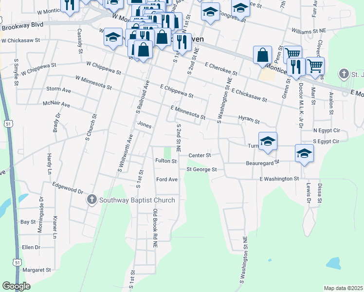 map of restaurants, bars, coffee shops, grocery stores, and more near 701-723 S 2nd Street Northeast in Brookhaven