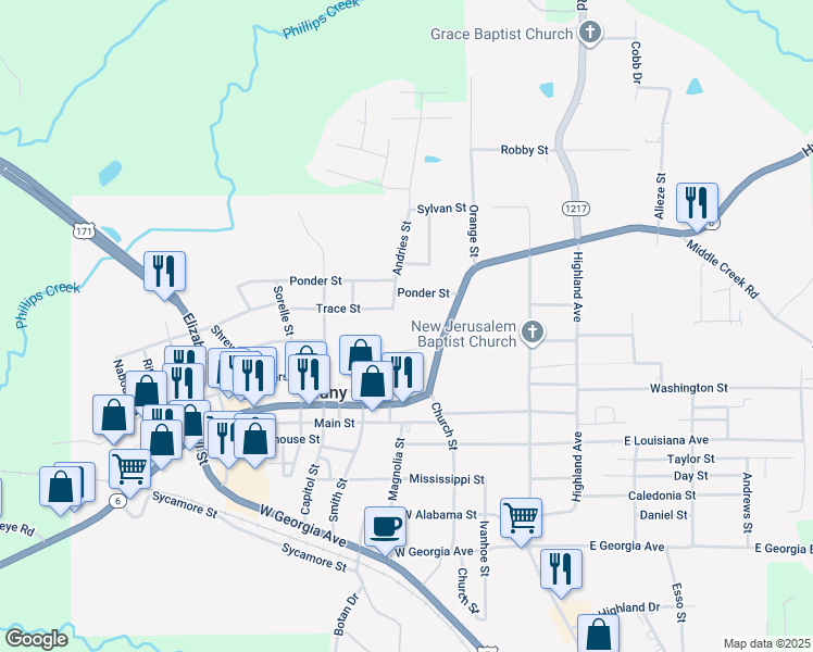 map of restaurants, bars, coffee shops, grocery stores, and more near 901-1099 Vandegaer Avenue in Many