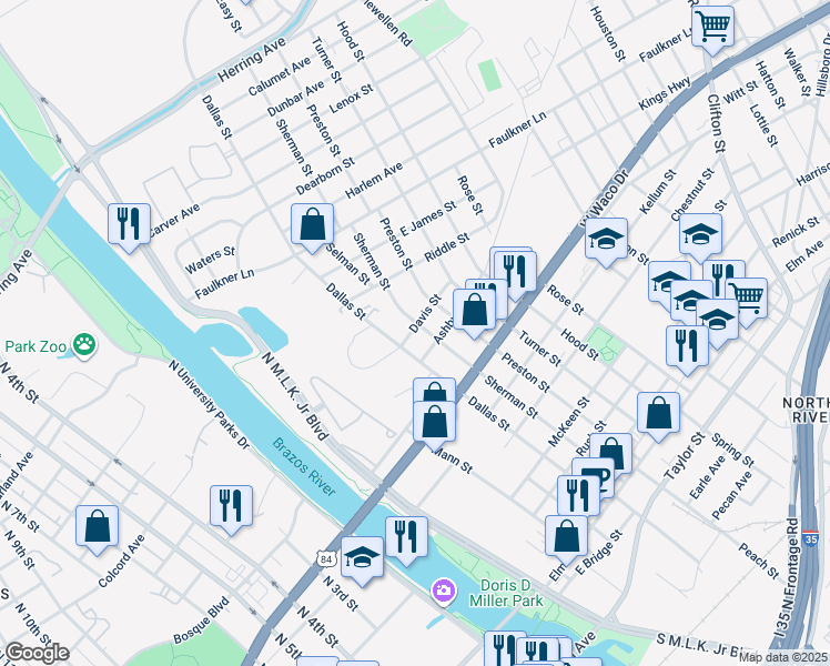 map of restaurants, bars, coffee shops, grocery stores, and more near 915 Dallas Street in Waco