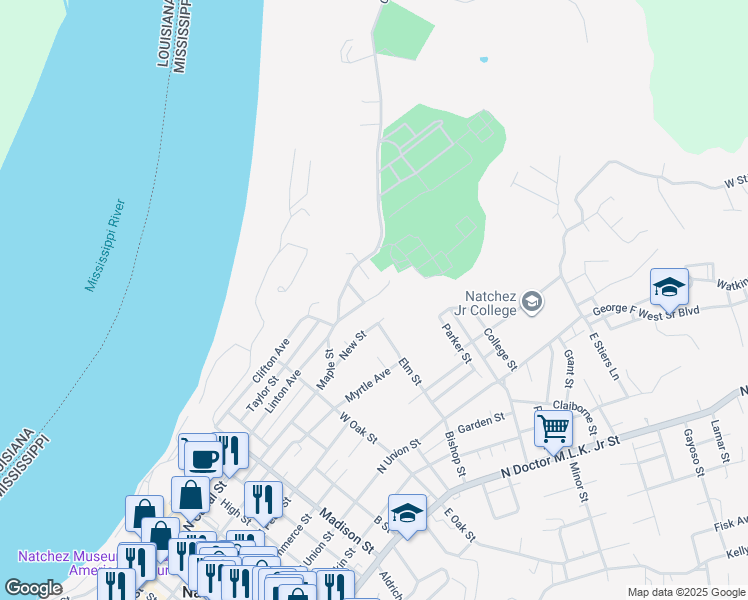 map of restaurants, bars, coffee shops, grocery stores, and more near 34 New Street in Natchez