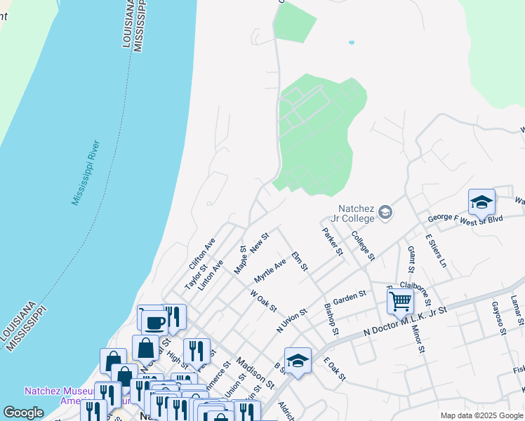 map of restaurants, bars, coffee shops, grocery stores, and more near 34 New Street in Natchez