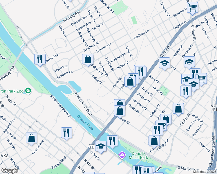 map of restaurants, bars, coffee shops, grocery stores, and more near 1013 Dallas Street in Waco