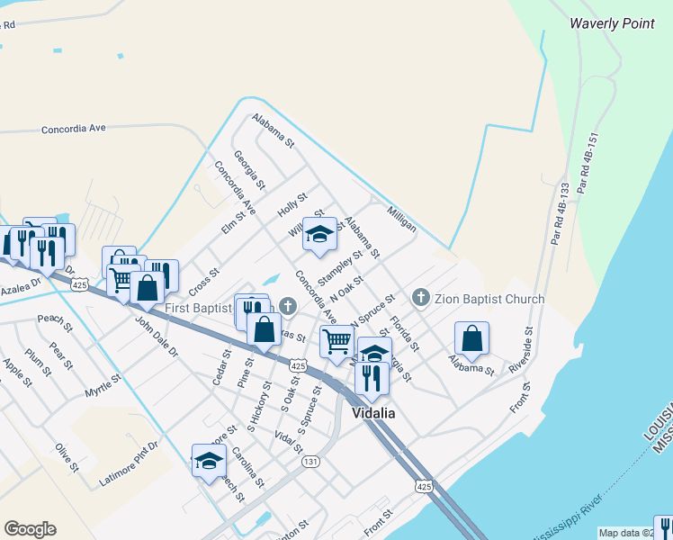 map of restaurants, bars, coffee shops, grocery stores, and more near Stampley Street in Vidalia
