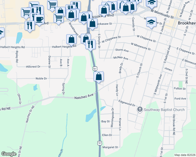 map of restaurants, bars, coffee shops, grocery stores, and more near in Brookhaven