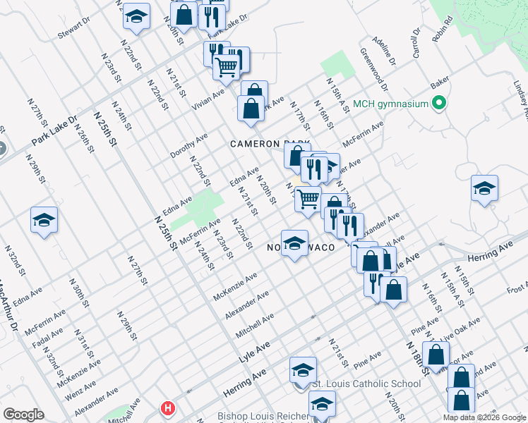 map of restaurants, bars, coffee shops, grocery stores, and more near 2000 McFerrin Avenue in Waco