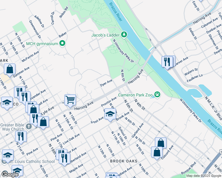 map of restaurants, bars, coffee shops, grocery stores, and more near 521 Herring Avenue in Waco