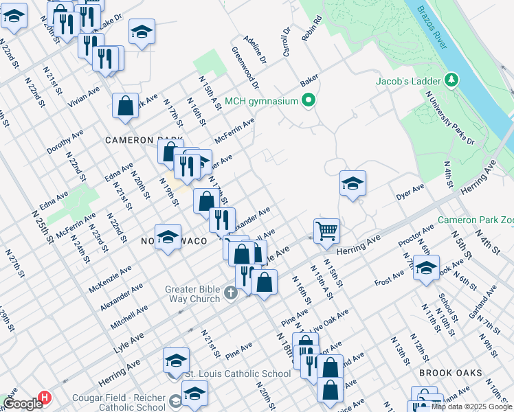 map of restaurants, bars, coffee shops, grocery stores, and more near 1528 McKenzie Avenue in Waco