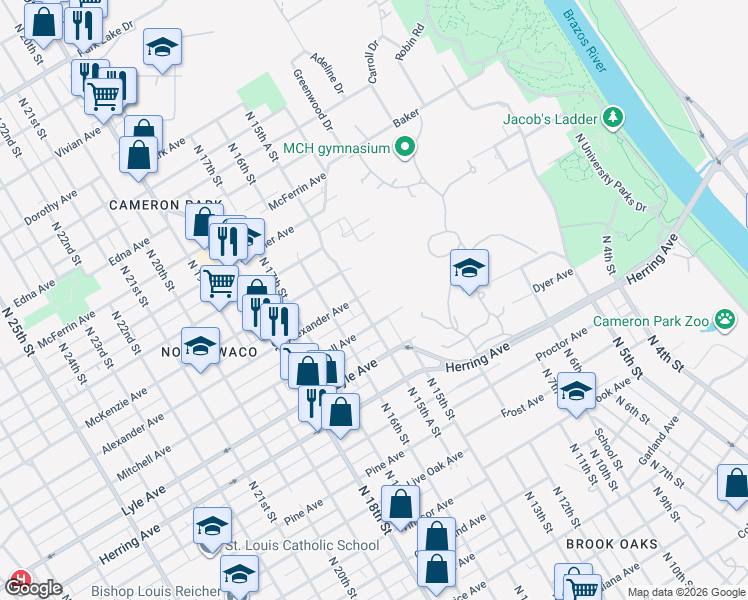 map of restaurants, bars, coffee shops, grocery stores, and more near 1521 Alexander Avenue in Waco