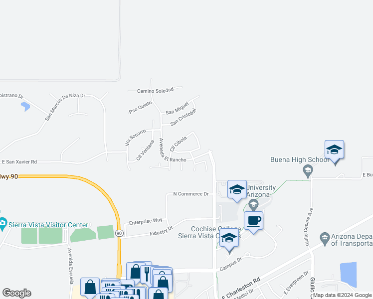 map of restaurants, bars, coffee shops, grocery stores, and more near 4571 Paseo Brazos in Sierra Vista
