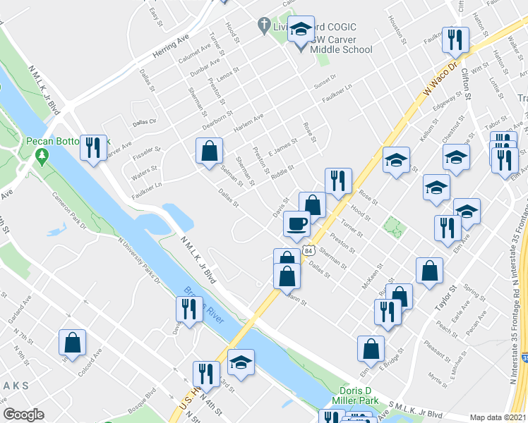 map of restaurants, bars, coffee shops, grocery stores, and more near 1102 Sherman Street in Waco