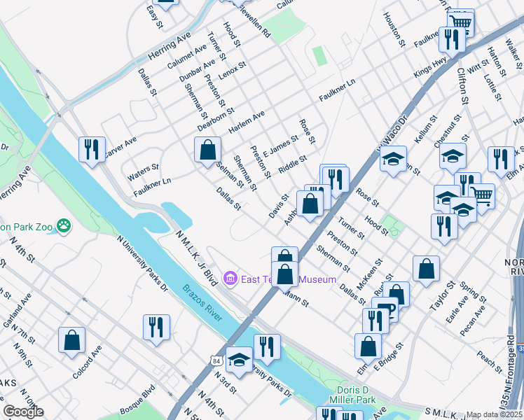 map of restaurants, bars, coffee shops, grocery stores, and more near 1012 Sherman Street in Waco