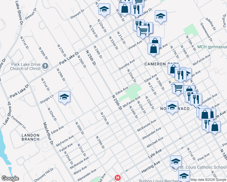 map of restaurants, bars, coffee shops, grocery stores, and more near 3301 North 25th Street in Waco