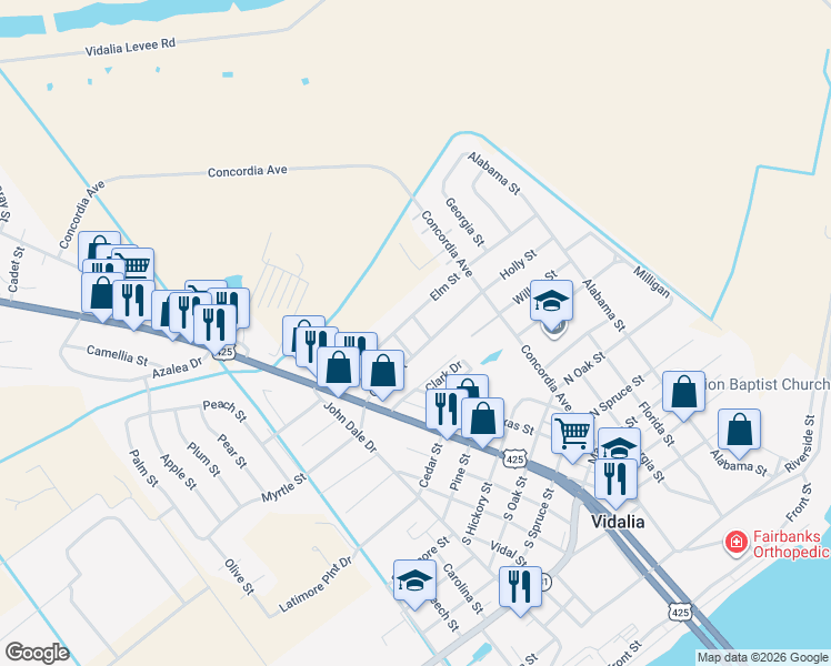 map of restaurants, bars, coffee shops, grocery stores, and more near 201-299 Elm St in Vidalia