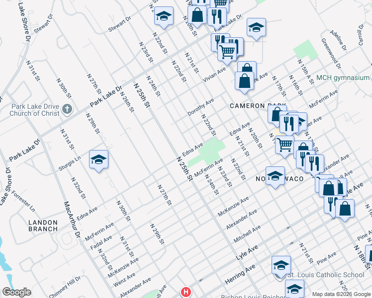 map of restaurants, bars, coffee shops, grocery stores, and more near 3209 North 24th Street in Waco