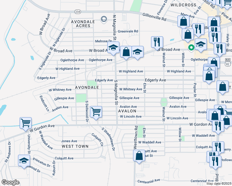 map of restaurants, bars, coffee shops, grocery stores, and more near 445 South Magnolia Street in Albany