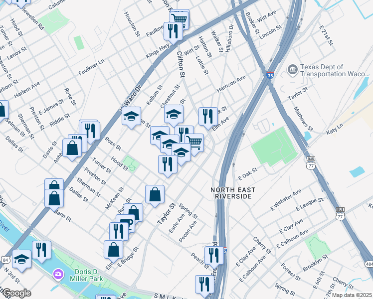 map of restaurants, bars, coffee shops, grocery stores, and more near 121 Garrison St in Waco