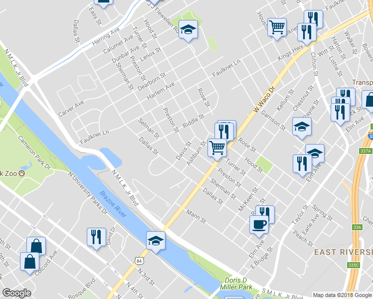 map of restaurants, bars, coffee shops, grocery stores, and more near 918 Preston Street in Waco