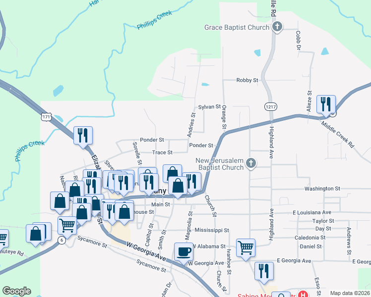 map of restaurants, bars, coffee shops, grocery stores, and more near 1005 Andries Street in Many