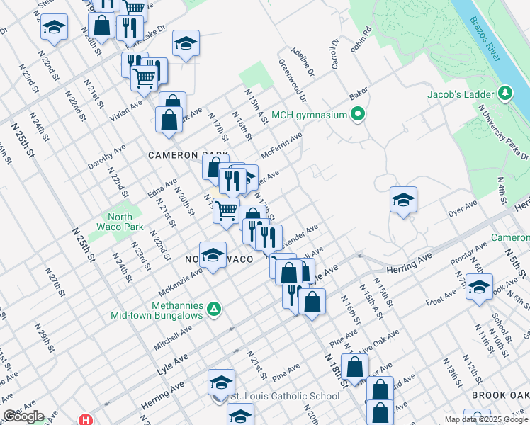 map of restaurants, bars, coffee shops, grocery stores, and more near 1700 Reuter Ave in Waco