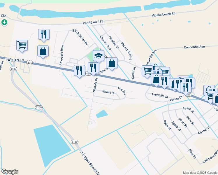 map of restaurants, bars, coffee shops, grocery stores, and more near 100-126 Lee Avenue in Vidalia