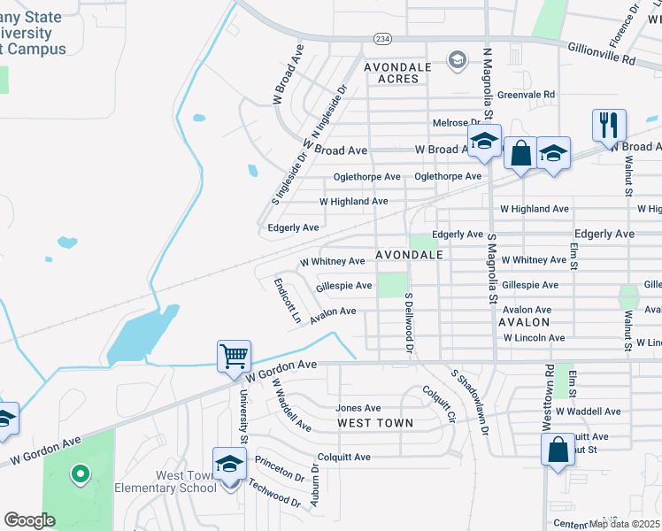 map of restaurants, bars, coffee shops, grocery stores, and more near 1916 West Whitney Avenue in Albany
