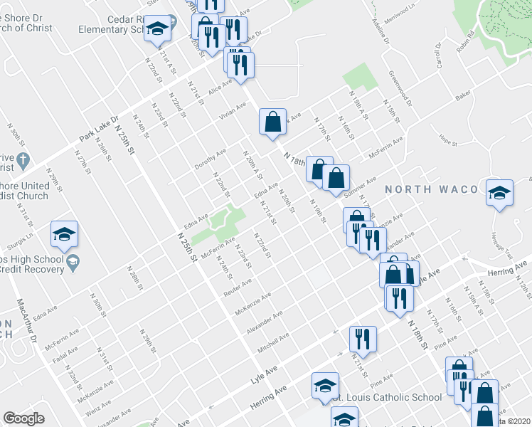 map of restaurants, bars, coffee shops, grocery stores, and more near 2101 McFerrin Avenue in Waco