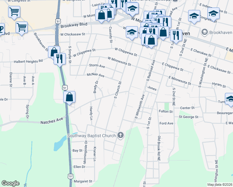 map of restaurants, bars, coffee shops, grocery stores, and more near 300 Natchez Avenue in Brookhaven
