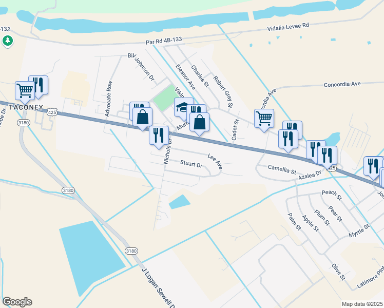 map of restaurants, bars, coffee shops, grocery stores, and more near 114 Lee Avenue in Vidalia