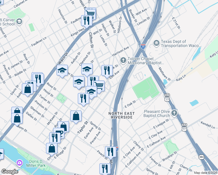 map of restaurants, bars, coffee shops, grocery stores, and more near 116 East Church Street in Waco