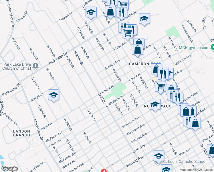 map of restaurants, bars, coffee shops, grocery stores, and more near 3209 North 24th Street in Waco
