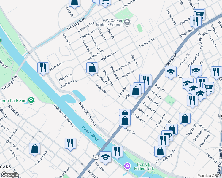 map of restaurants, bars, coffee shops, grocery stores, and more near 1102 Sherman Street in Waco
