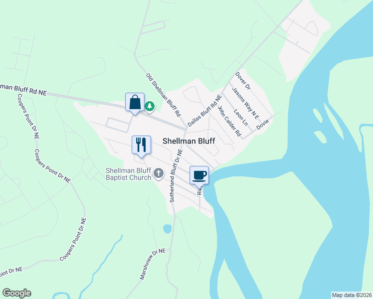 map of restaurants, bars, coffee shops, grocery stores, and more near 1054 New Shellman Road North East in Townsend