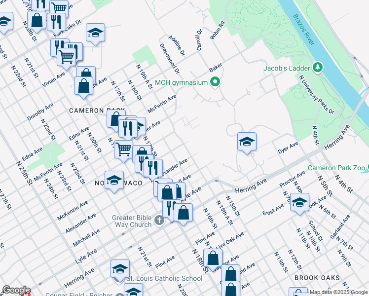 map of restaurants, bars, coffee shops, grocery stores, and more near 1528 McKenzie Avenue in Waco