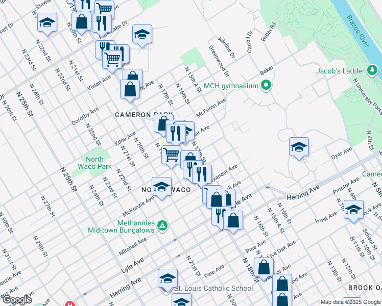 map of restaurants, bars, coffee shops, grocery stores, and more near 1700 Reuter Avenue in Waco
