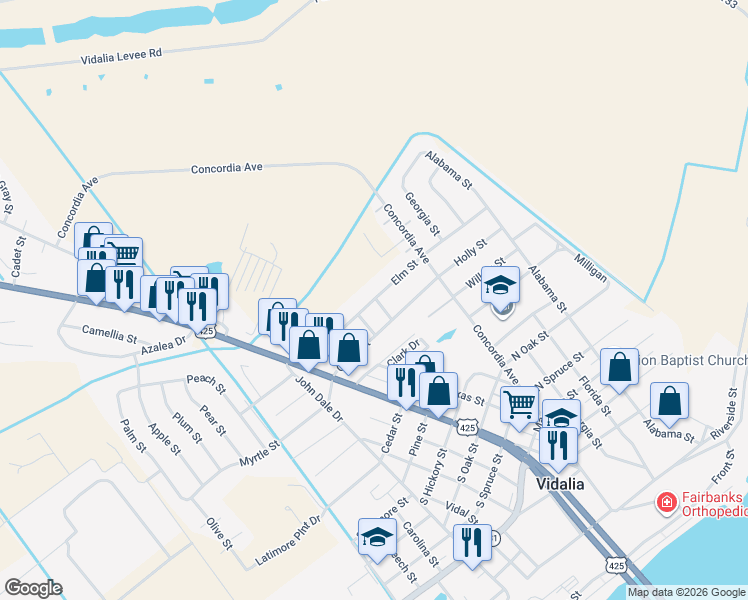 map of restaurants, bars, coffee shops, grocery stores, and more near 299 Elm Street in Vidalia