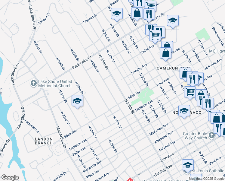 map of restaurants, bars, coffee shops, grocery stores, and more near 3409 N 26th St in Waco