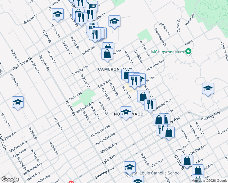 map of restaurants, bars, coffee shops, grocery stores, and more near 2000 McFerrin Avenue in Waco