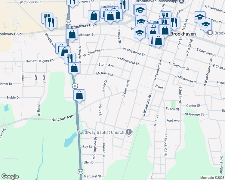 map of restaurants, bars, coffee shops, grocery stores, and more near 300-312 Natchez Avenue in Brookhaven