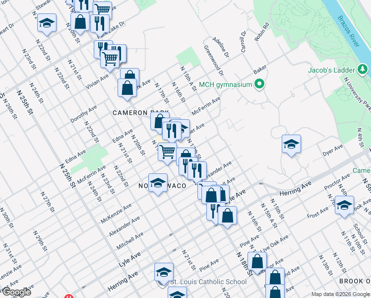 map of restaurants, bars, coffee shops, grocery stores, and more near 1700 Reuter Avenue in Waco
