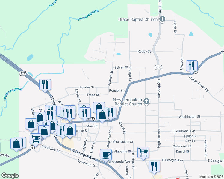 map of restaurants, bars, coffee shops, grocery stores, and more near 1005 Andries Street in Many